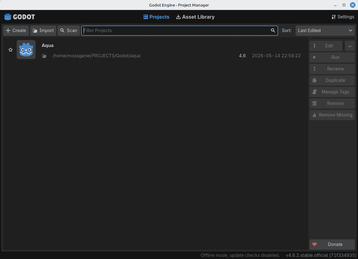 Ventana Project Manager: aquí creamos o abrimos proyectos de Godot.