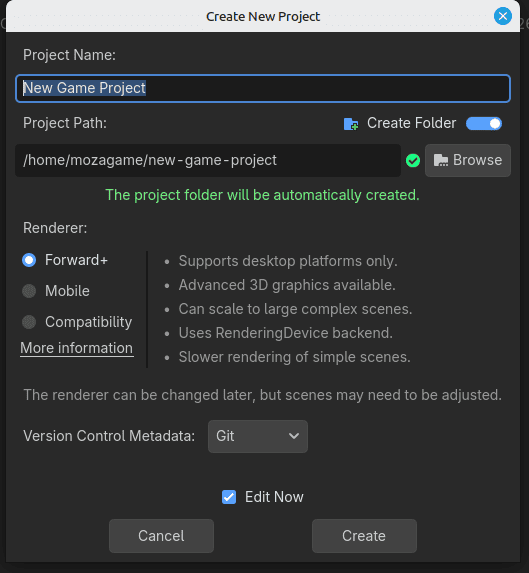 Create New Project: elegimos el nombre del proyecto y la carpeta.