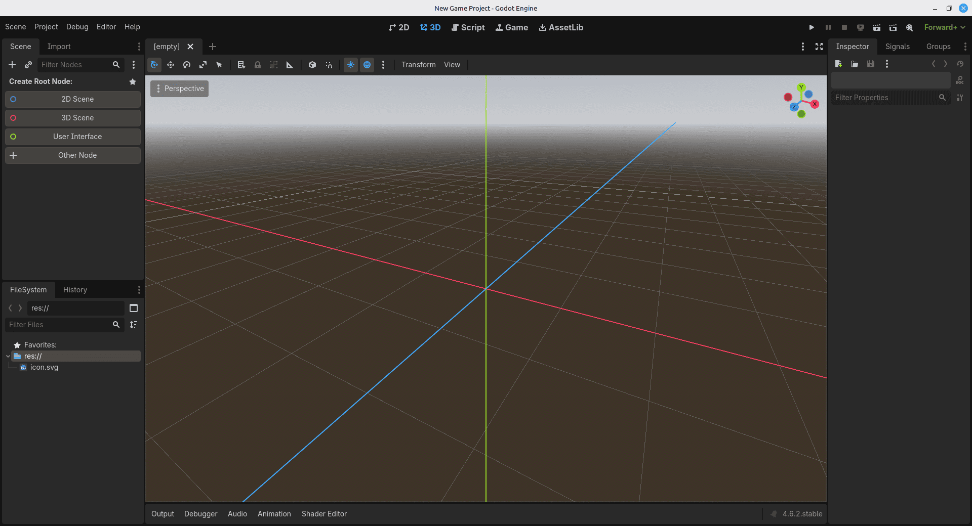 Editor vacío: Godot abrió el proyecto, pero todavía no se ha creado ninguna escena.