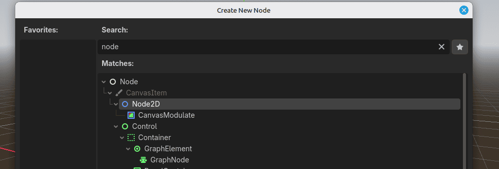 Búsqueda de Node2D: elegimos Node2D como base de una escena 2D sencilla.