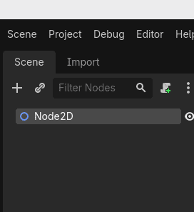 Node2D creado: el primer nodo apareció en el árbol de escena.