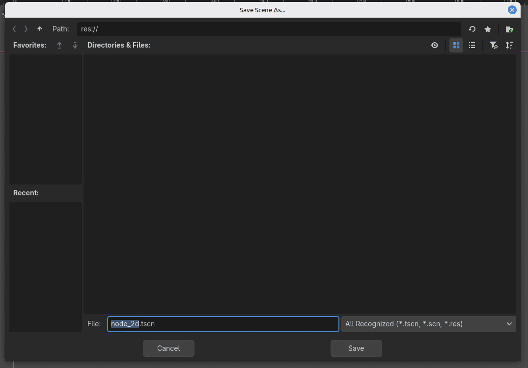 Después de crear el primer Node2D, guardamos la escena. En Godot, una escena es un archivo separado que después podemos ejecutar y ampliar.