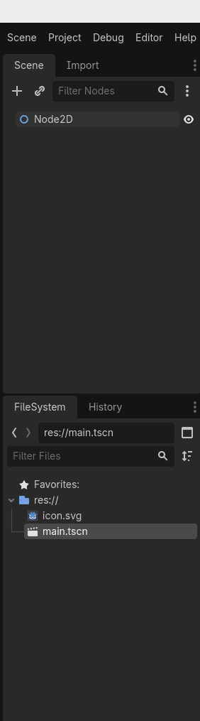 В панели FileSystem видно файл main.tscn. Это файл нашей сцены внутри проекта Godot.