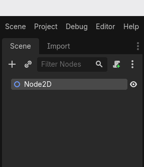 Выделяем Node2D в дереве сцены. Скрипт будет прикреплён именно к этой ноде.