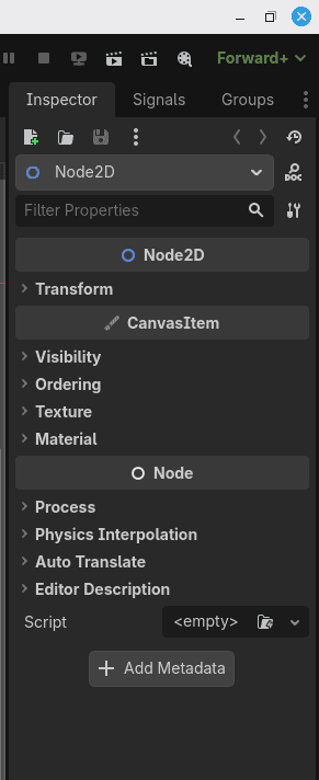 В Inspector поле Script пока пустое (<empty>). Это значит, что у Node2D ещё нет нашего кода.
