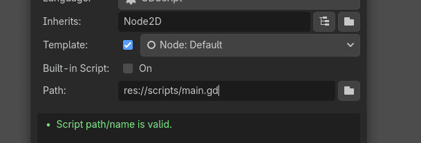 Меняем путь на res://scripts/main.gd. Теперь код будет лежать в отдельной папке scripts.