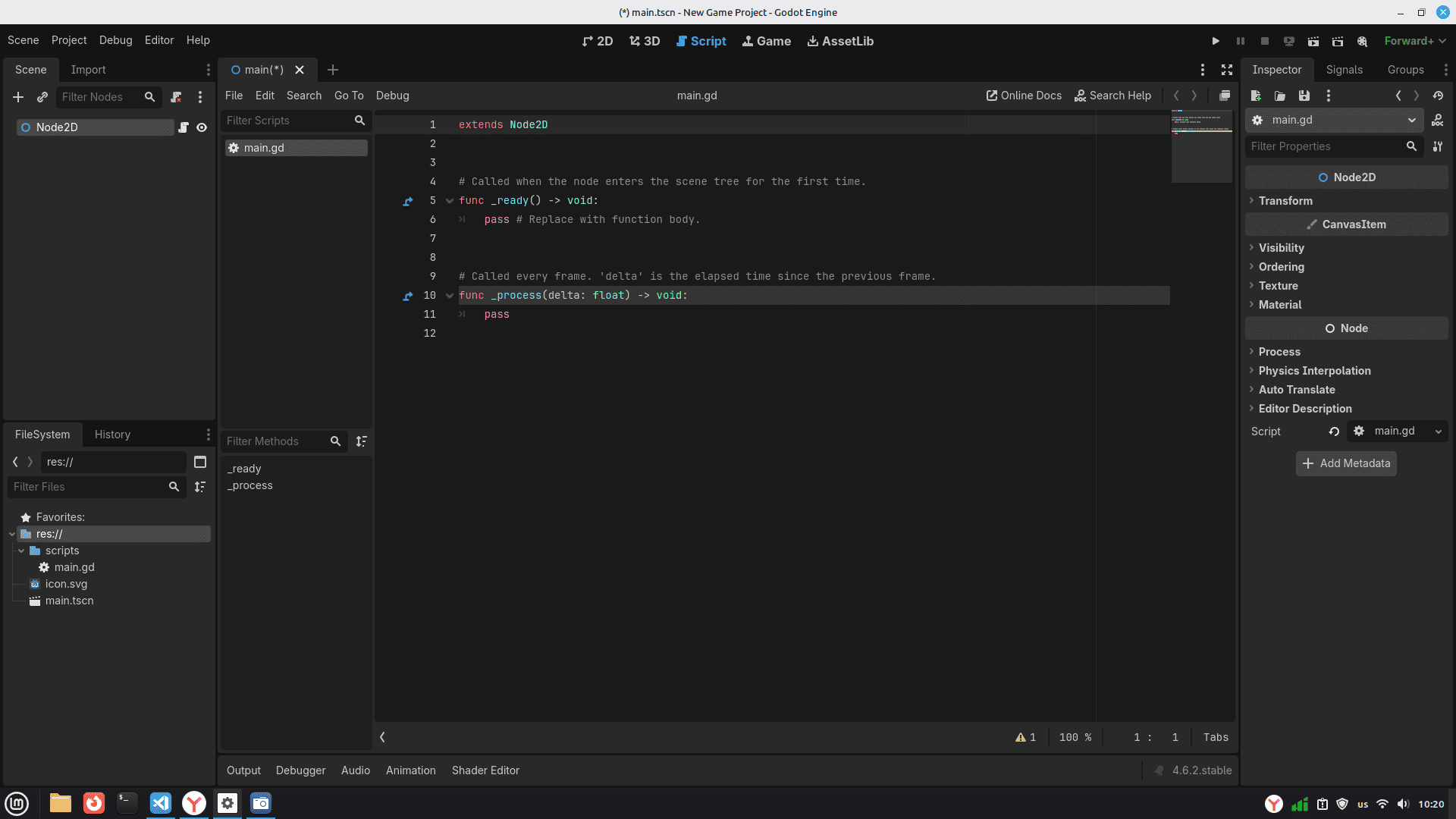Godot открыл новый файл main.gd. В нём уже есть шаблонный код: extends Node2D, _ready() и _process().