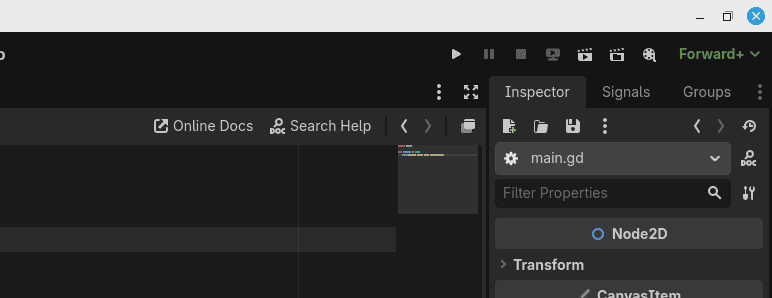 Теперь в Inspector видно, что к Node2D прикреплён скрипт main.gd.